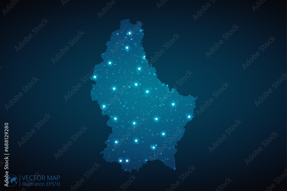 Obraz premium Luxembourg map radial dotted pattern in futuristic style, design blue circle glowing outline made of stars. concept of communication on dark blue background. Vector illustration EPS10