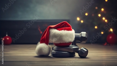 Father Christmas hat on a gym dumbbell weight. New year resolution and healthy lifestyle christmas goal created with generative ai