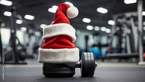 Father Christmas hat on a gym dumbbell weight. New year resolution and healthy lifestyle christmas goal created with generative ai