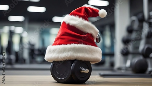 santa claus Christmas hat on a gym dumbbell weight. New year resolution and healthy lifestyle christmas goal created with generative ai