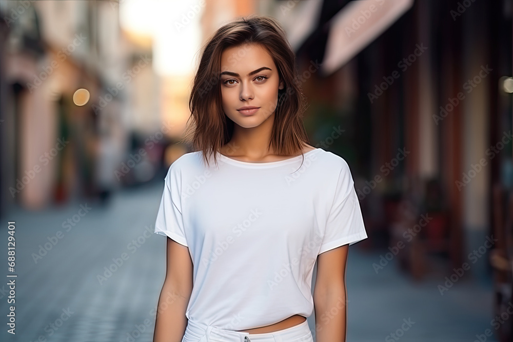 A beautiful model in white blank T shirt with street background