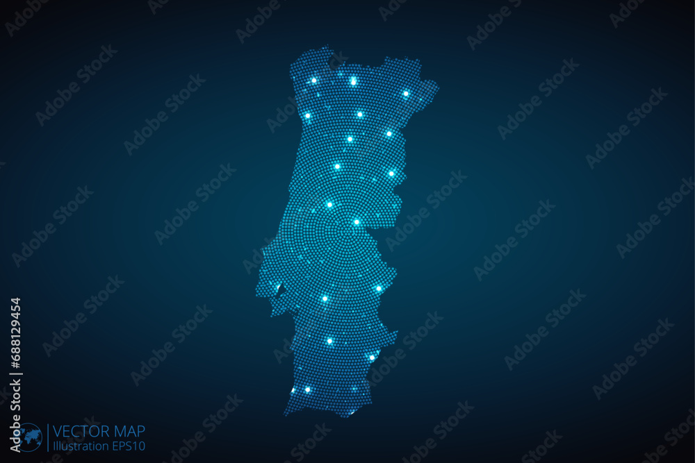Portugal map radial dotted pattern in futuristic style, design blue circle glowing outline made of stars. concept of communication on dark blue background. Vector illustration EPS10