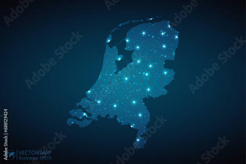 Netherlands map radial dotted pattern in futuristic style, design blue circle glowing outline made of stars. concept of communication on dark blue background. Vector illustration EPS10