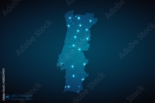 Portugal map radial dotted pattern in futuristic style  design blue circle glowing outline made of stars. concept of communication on dark blue background. Vector illustration EPS10