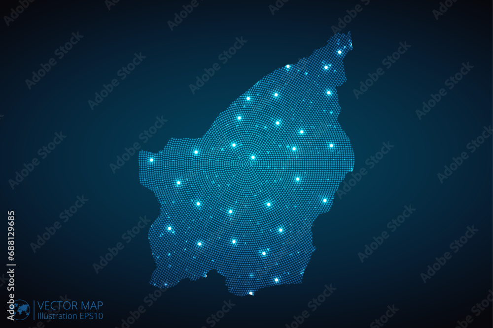 San Marino map radial dotted pattern in futuristic style, design blue circle glowing outline made of stars. concept of communication on dark blue background. Vector illustration EPS10