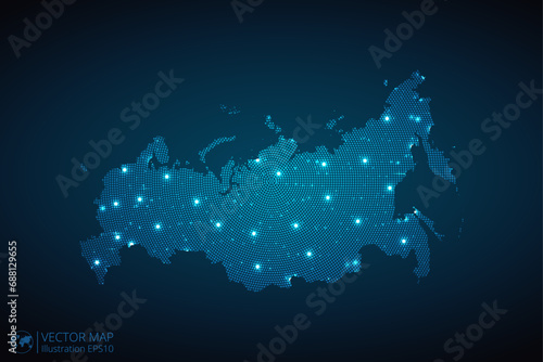 Russia map radial dotted pattern in futuristic style, design blue circle glowing outline made of stars. concept of communication on dark blue background. Vector illustration EPS10