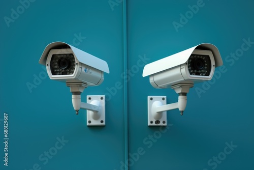 Two CCTV camera surveillance system on a minimalistic wall, advertisement design