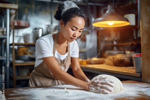 Young Asian woman kneading dough on a board sprinkled with flour. A woman prepares bread from natural products in a village kitchen.
