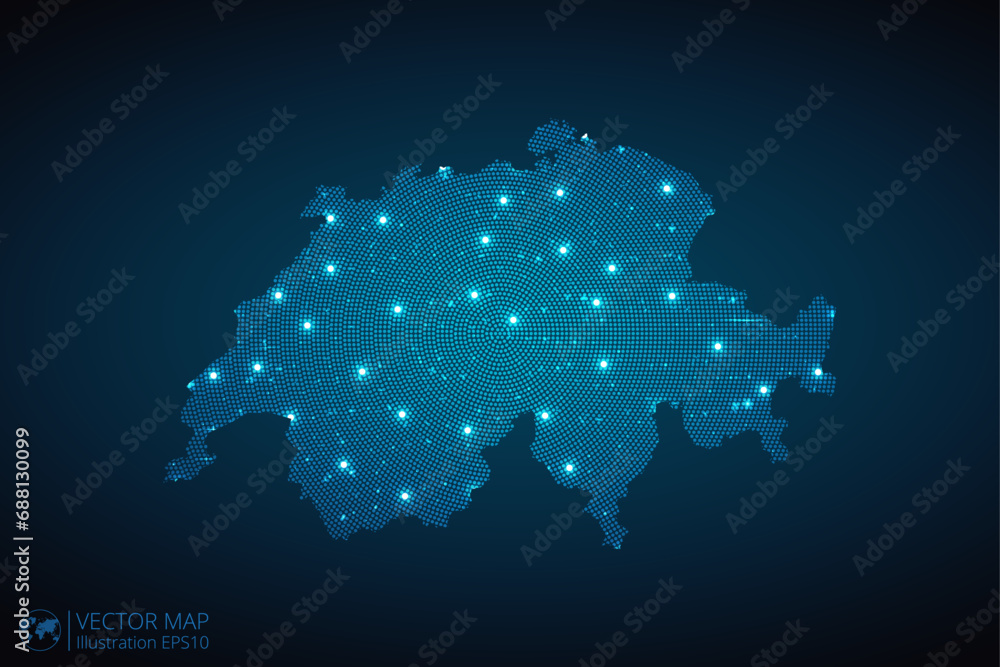Switzerland map radial dotted pattern in futuristic style, design blue circle glowing outline made of stars. concept of communication on dark blue background. Vector illustration EPS10