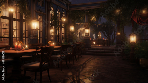 3 d rendering of an autumn night scene with a cafe in the evening.