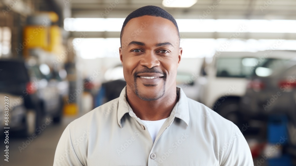 Happy auto mechanic smiles for the camera in the repair shop. Happy auto mechanic smiles for the camera in the repair shop.