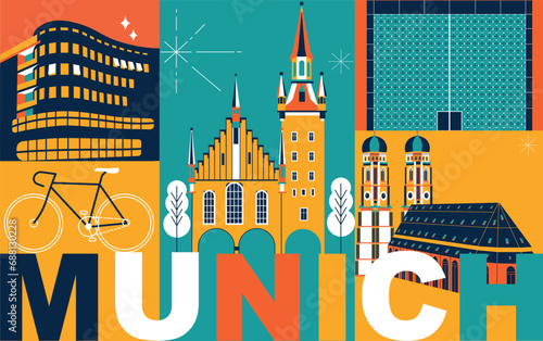 Typography word “Munich” branding technology concept. Collection of flat vector web icons. Culture travel set, famous architectures, specialties detailed silhouette. German famous landmark