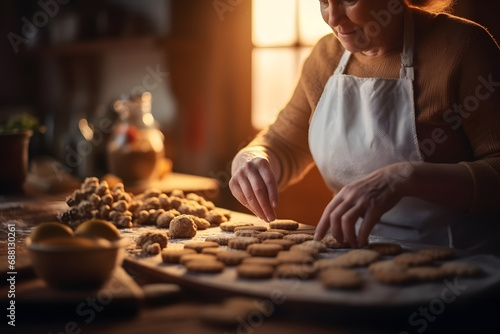 Woman baking gingerbread cookies from scratch in a cozy kitchen  happy anticipation  soft natural lighting
