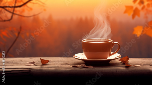 cup of coffee with autumn leaves on the background of a mountain