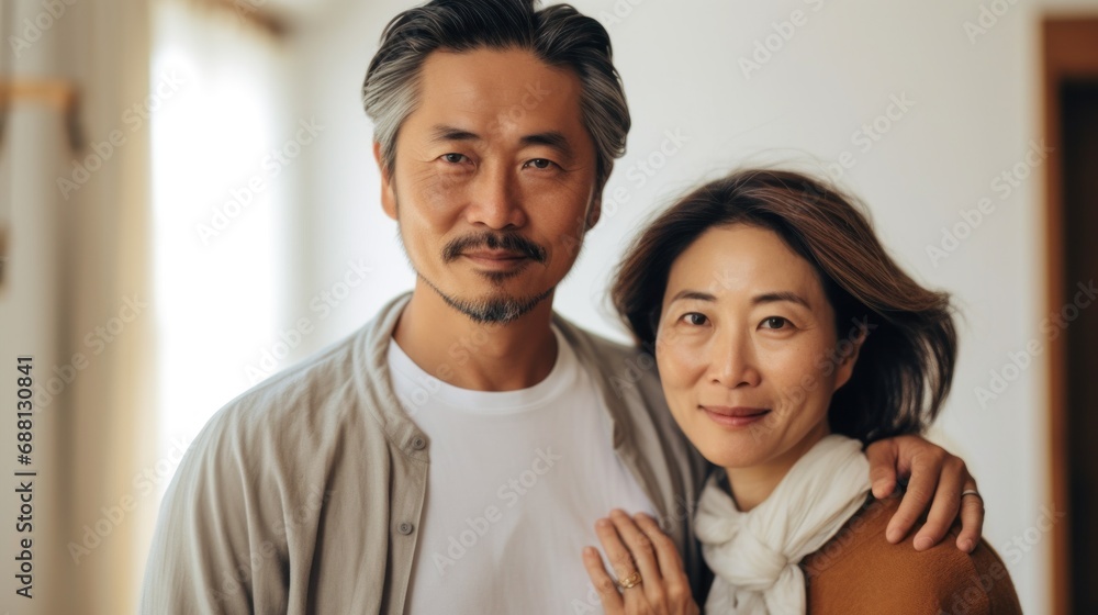 At home, an Asian couple in their middle age shares a loving moment, wrapped in each other's arms. At home, an Asian couple in their middle age shares a loving moment, wrapped in each other's arms.
