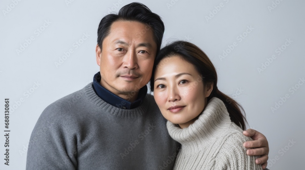 Embracing each other, a middle-aged Asian couple shares a moment of happiness in their dwelling. Embracing each other, a middle-aged Asian couple shares a moment of happiness in their dwelling.