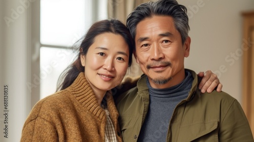 In the quietude of their domestic life, an Asian middle-aged couple shares a heartfelt embrace.