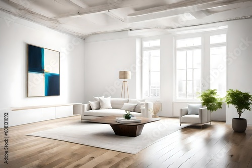 An empty living room with clean white walls  featuring a single piece of abstract art as the focal point