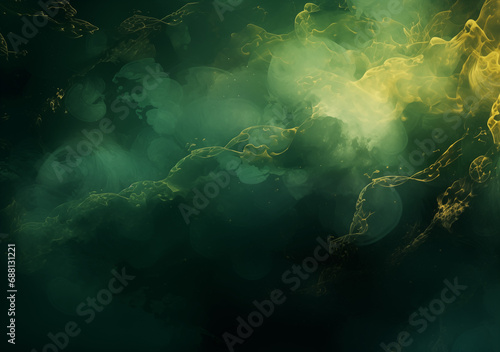Design of horizontal banner with copy space for text. Abstract green, emerald and gold particle watercolor paint clouds. Vibrant powder exploding dark background. Liquid textured backdrop poster