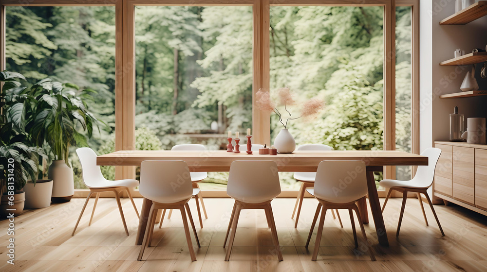 Wooden-Set Dining Table and Chairs in Scandinavian Home, Big Window