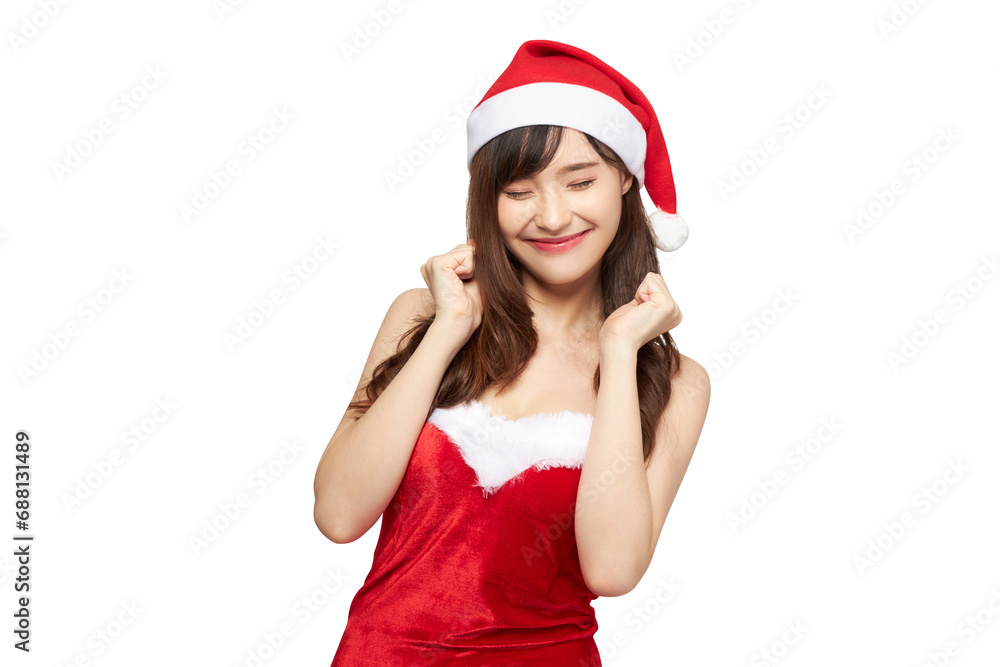 Christmas theme beautiful mixed asian and Caucasian young lady in red Santa costume with Santa hat smiling happily with excitement about celebration or promotion content white and grey background Christmas theme beautiful mixed asian and Caucasian young lady in red Santa costume with Santa hat smiling happily with excitement about celebration or promotion content white and grey background