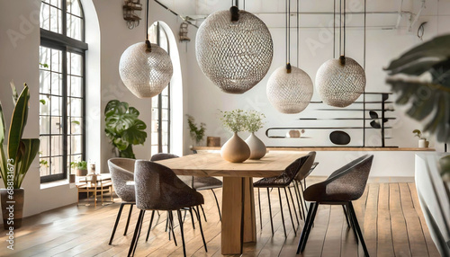 Abstract Mesh Pendant Ball Lamps Above Wooden Dining Table and Chairs - Interior Design of Modern Home