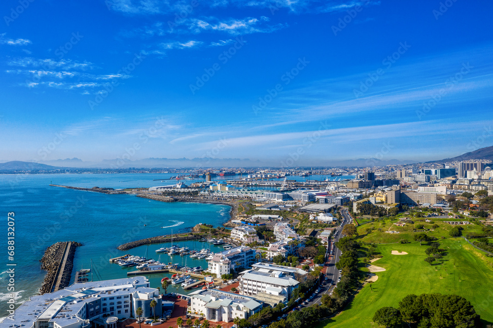 cape town aerial panorama waterfront and port, the ocean , prime luxury real estate