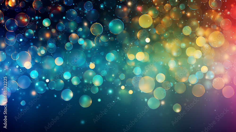 Abstract glowing circles and bubbles on a multi-colored rainbow colorful bokeh background. Blurred shiny, glowing festive backdrop for xmas, party, holiday, birthday, invitation. - obrazy, fototapety, plakaty 
