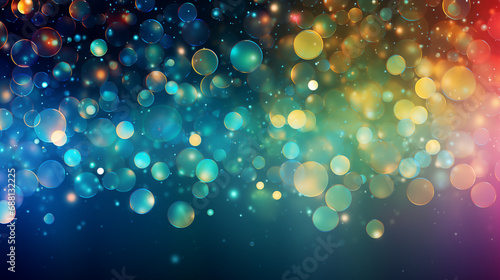 Abstract glowing circles and bubbles on a multi-colored rainbow colorful bokeh background. Blurred shiny, glowing festive backdrop for xmas, party, holiday, birthday, invitation. photo