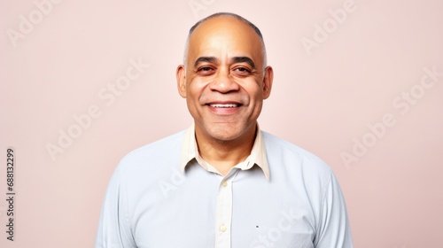 An elderly gentleman exudes joy while gazing at the camera against a light beige-pink background.