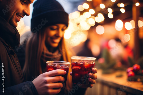 young lady drinking Mulled wine in the christmas market