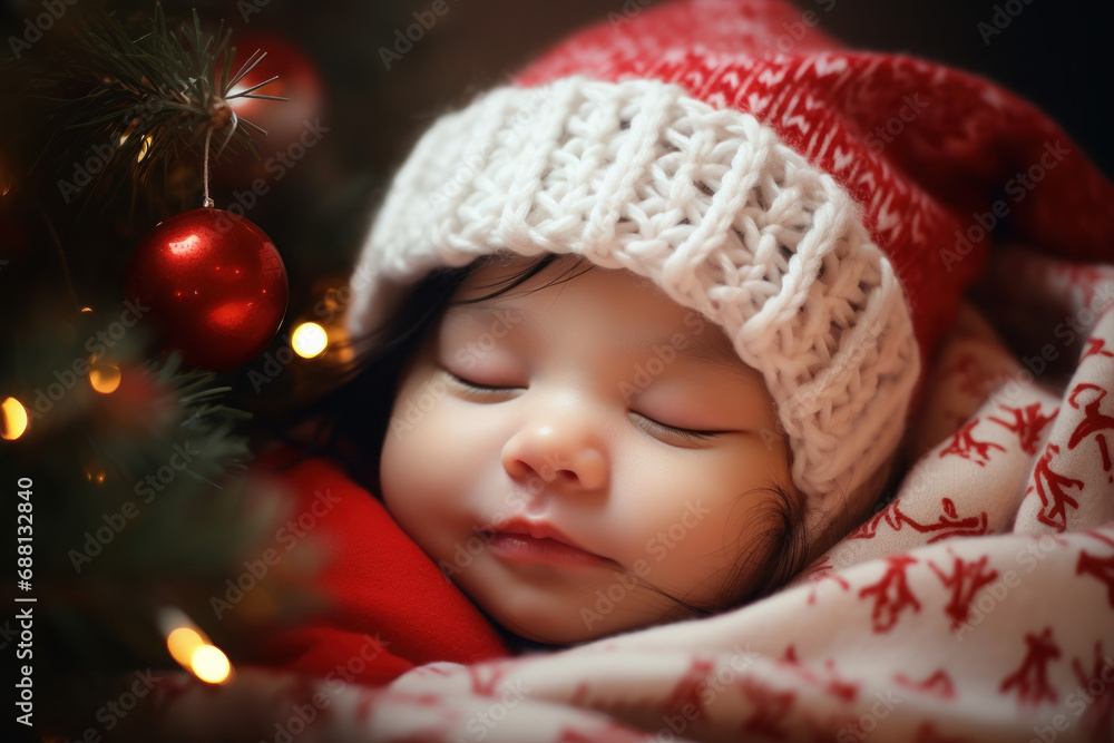 cute happy child sleeping under the christmas tree cute happy child sleeping under the christmas tree