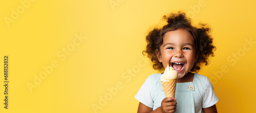 Cute Young Girl Eating an Ice Cream on a Yellow Background with Space for Copy