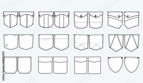 Jeans and denim Patch pocket flat sketch vector illustration set, different types of Clothing Pockets for jeans pocket, sleeve arm, cargo pants, dresses, bag, garments, Clothing and Accessories