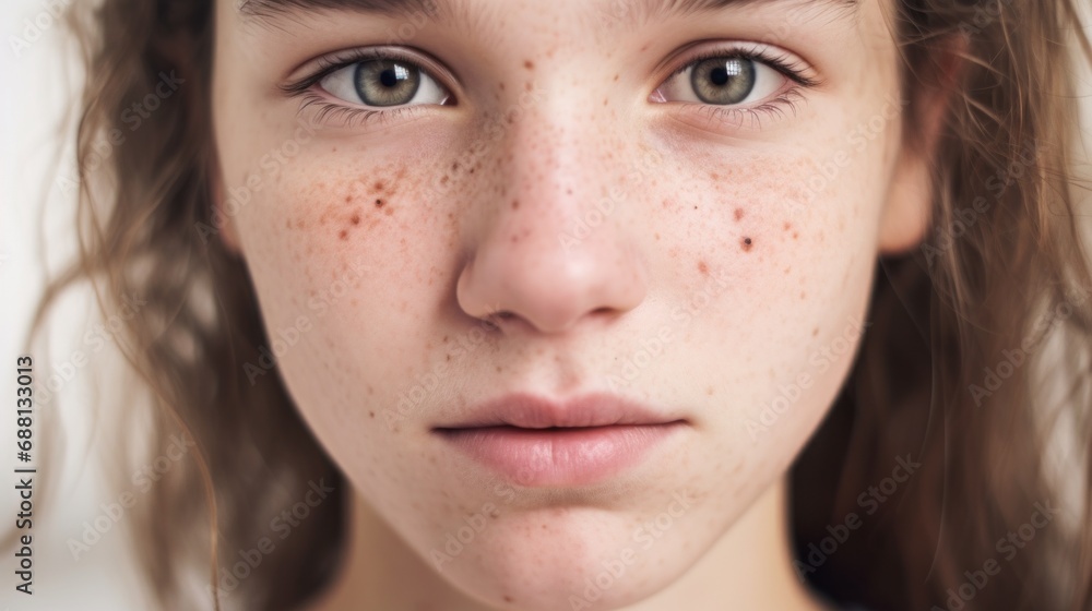 Fototapeta premium Flawed skin portrayed confidently in a closeup against a beige setting.