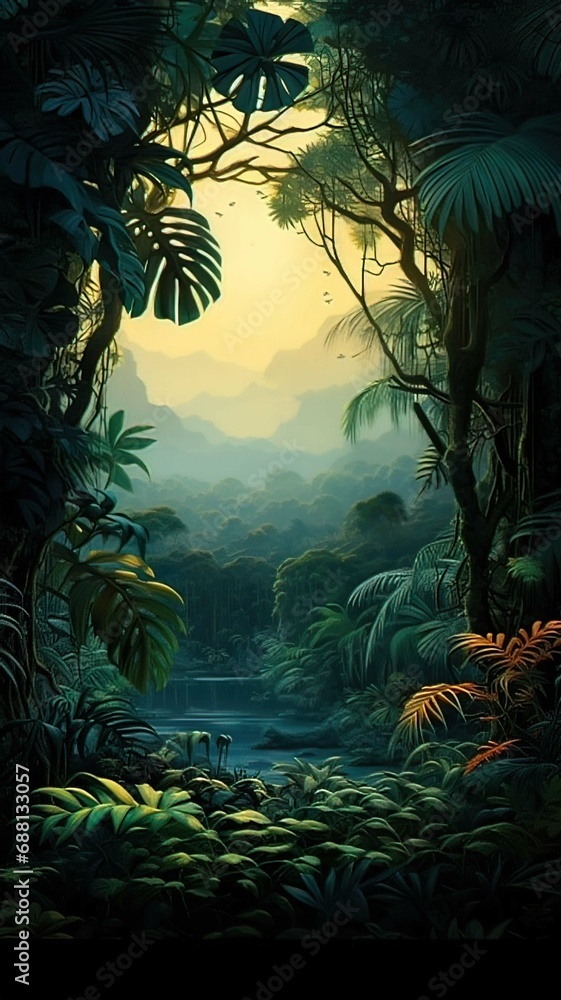 Fototapeta Vertical AI illustration. Lush tropical forest with palm trees, vegetation and a river. Nature.