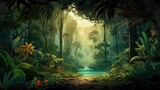 AI illustration cartoon of tropical jungle with palm trees vegetation and a lake. Landscapes, nature
