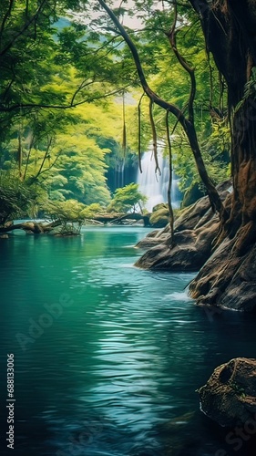 Vertical AI illustration. Turquoise lake with waterfall in a tropical forest. Landscapes, nature.