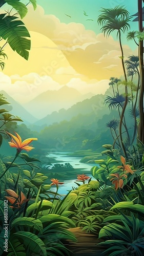 Vertical AI illustration of a tropical forest with a stream. Concept landscapes  nature.