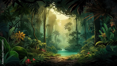 AI illustration cartoon of tropical jungle with palm trees vegetation and a lake. Landscapes, nature © Ametz
