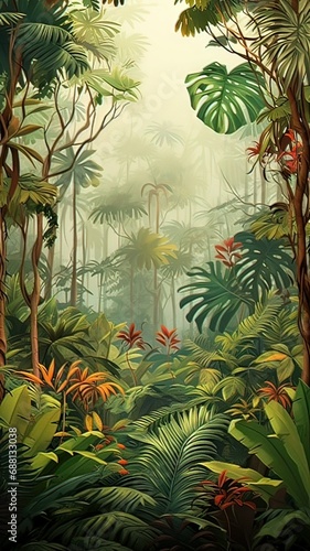 Vertical AI illustration. Cartoon of tropical jungle with palm trees. Concept landscapes  nature.