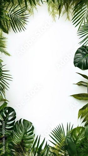 Vertical AI illustration. Tropical palm leaves on white copy space background. Concept nature.