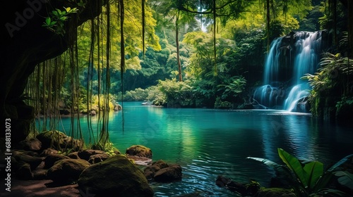 Horizontal AI illustration. River with waterfall in a tropical forest. Concept landscapes, nature.