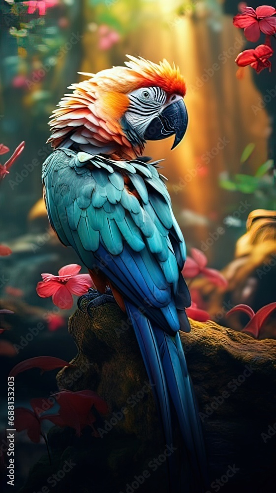 Obraz premium Vertical AI illustration. Tropical parrot perched on a branch. Concept animals, nature.