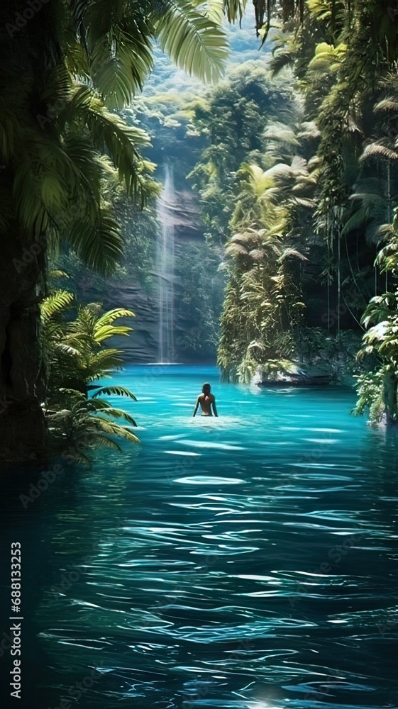 Illustration AI horizontal. Man bathing in a tropical lake. Concept landscape, nature.