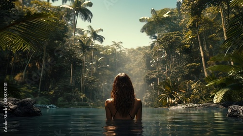 Illustration AI horizontal woman bathing in the river of a tropical forest. Concept landscape nature