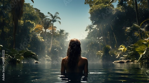 Illustration AI woman on her back in the river of a tropical forest taking a bath. Landscape, nature © Ametz