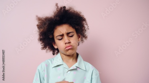 The boy, donned in modern sleep attire, looks unhappy.
