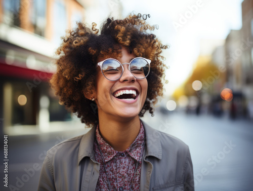 Portrait of happy nonbinary man with eyeglasses laughing photo