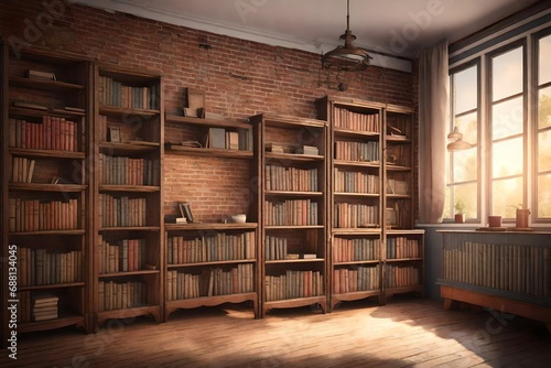 An empty vintage room with charming little bookshelves and an brick wall, creating a cozy and nostalgic atmosphere. 